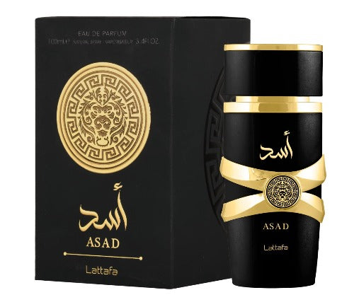 Asad by Lattafa 3.4 oz Eau De Parfum spray for men, elegant bottle with gold accents and sleek design.
