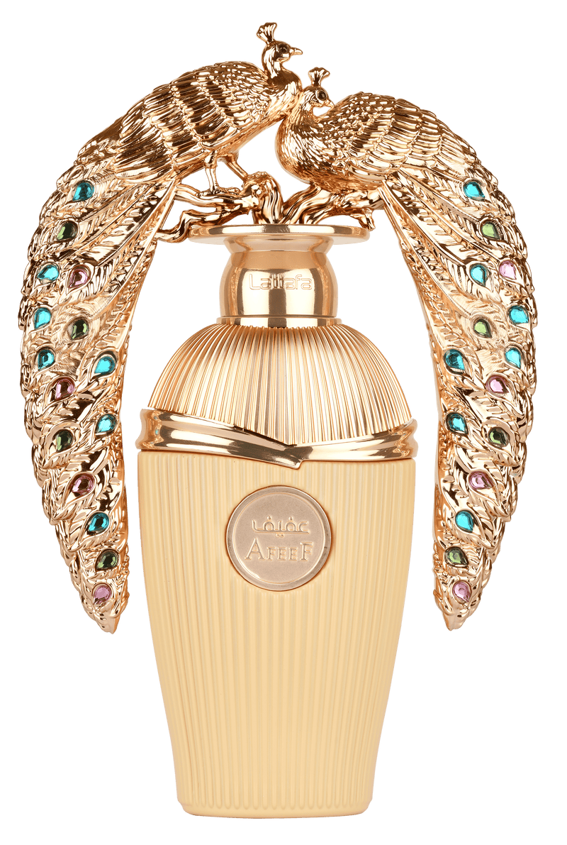 Lattafa Afeef Eau De Parfum 3.4 oz bottle with elegant packaging, showcasing the fragrance's luxurious design.