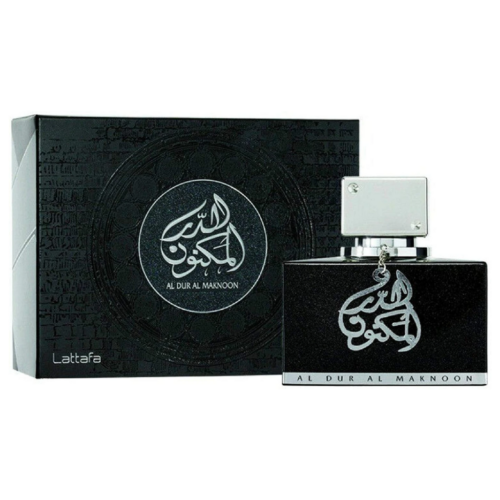 Lattafa Al Dur Al Maknoon Silver Eau De Parfum bottle from Pertinacia Perfume, 3.4 oz, with sleek silver design and elegant branding