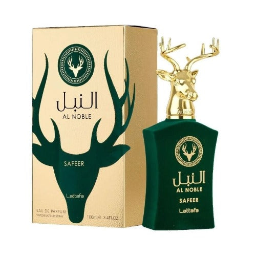Decant sample of Lattafa Al Noble Safeer Green Eau de Parfum by Pertinacia LLC, showing the perfume bottle and packaging.