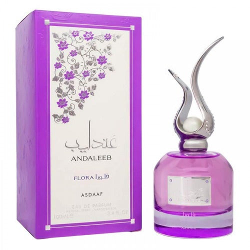 Decant sample of Lattafa Andaleeb Flora Eau De Parfum by Pertinacia LLC, featuring elegant fragrance bottle and floral design.