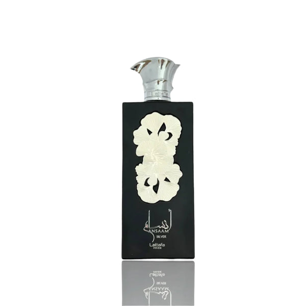Lattafa Ansaam Silver Eau De Parfum bottle, 3.4 oz, with sleek silver packaging from Pertinacia Perfume.
