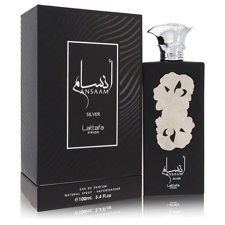 Lattafa Ansaam Silver Eau De Parfum 3.4 oz bottle, elegant perfume with a sleek silver design by Pertinacia Perfume.