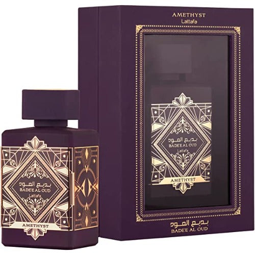 Lattafa Badee Al Oud Amethyst Eau De Parfum 3.4 oz bottle featuring a luxurious purple design, perfect for elegant fragrance.