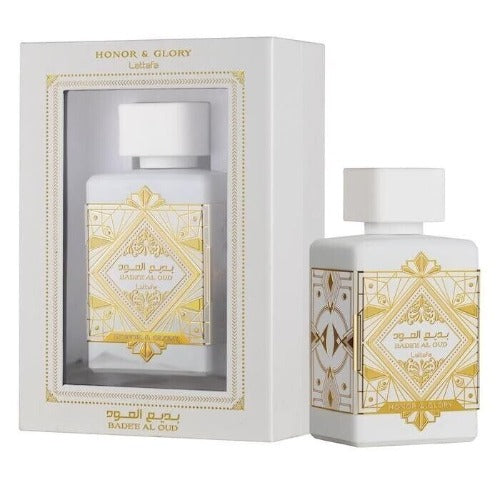 Decant sample of Lattafa Badee Al Oud Honor & Glory EDP perfume with bottle and label from Pertinacia LLC.