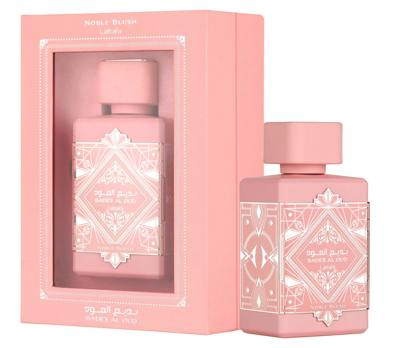 Lattafa Badee Al Oud Noble Blush perfume bottle for women, 3.4oz EDP by Pertinacia Perfume, elegant floral fragrance.