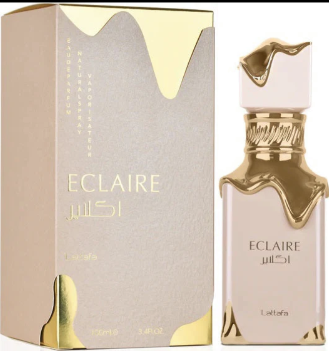 Lattafa Eclaire Eau De Parfum bottle by Pertinacia LLC, elegant fragrance with a sleek design and floral notes.