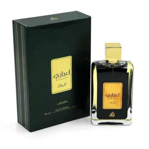 Lattafa Ejaazi Eau De Parfum 3.4oz bottle by Pertinacia Perfume, featuring a sleek glass design and elegant fragrance label.