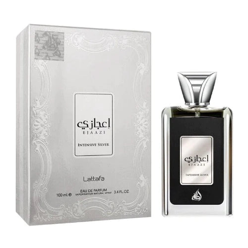 Lattafa Ejaazi Intensive Silver Eau De Parfum for Men, 3.4 oz, featuring sleek silver bottle from Pertinacia Perfume.