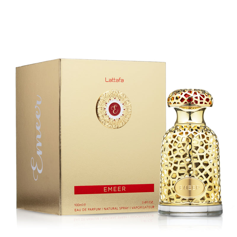 Lattafa Emeer Eau De Parfum in 3.4 oz bottle, featuring elegant packaging from Pertinacia Perfume brand.