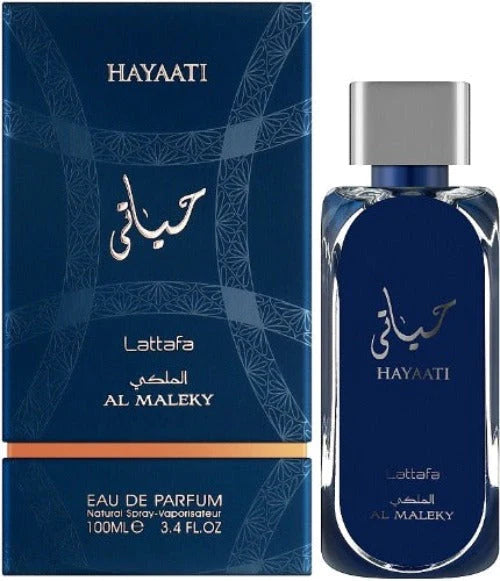 Lattafa Hayaati Al Maleky Eau De Parfum 3.4oz bottle, elegant perfume with a sleek design, from Pertinacia Perfume.