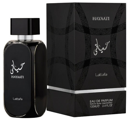 Lattafa Hayaati Eau De Parfum bottle by Pertinacia Perfume, 3.4 oz, elegant fragrance display