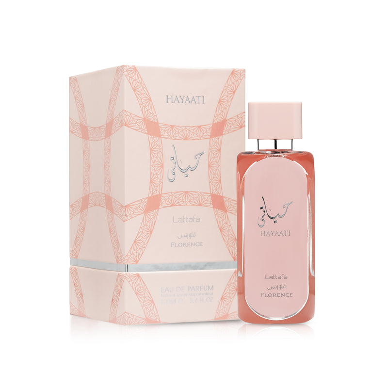 Pertinacia Perfume Lattafa Hayaati Florence EDP decant sample bottle with elegant packaging for women.