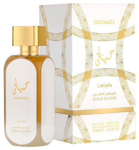 Lattafa Hayaati Gold Elixir Eau De Parfum bottle, 3.4 oz, with gold accents and elegant packaging from Pertinacia Perfume.