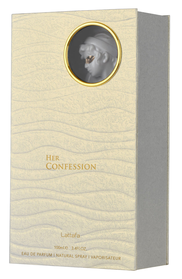 Lattafa Her Confession Eau De Parfum bottle, 3.4 oz, featuring elegant perfume packaging by Pertinacia Perfume.