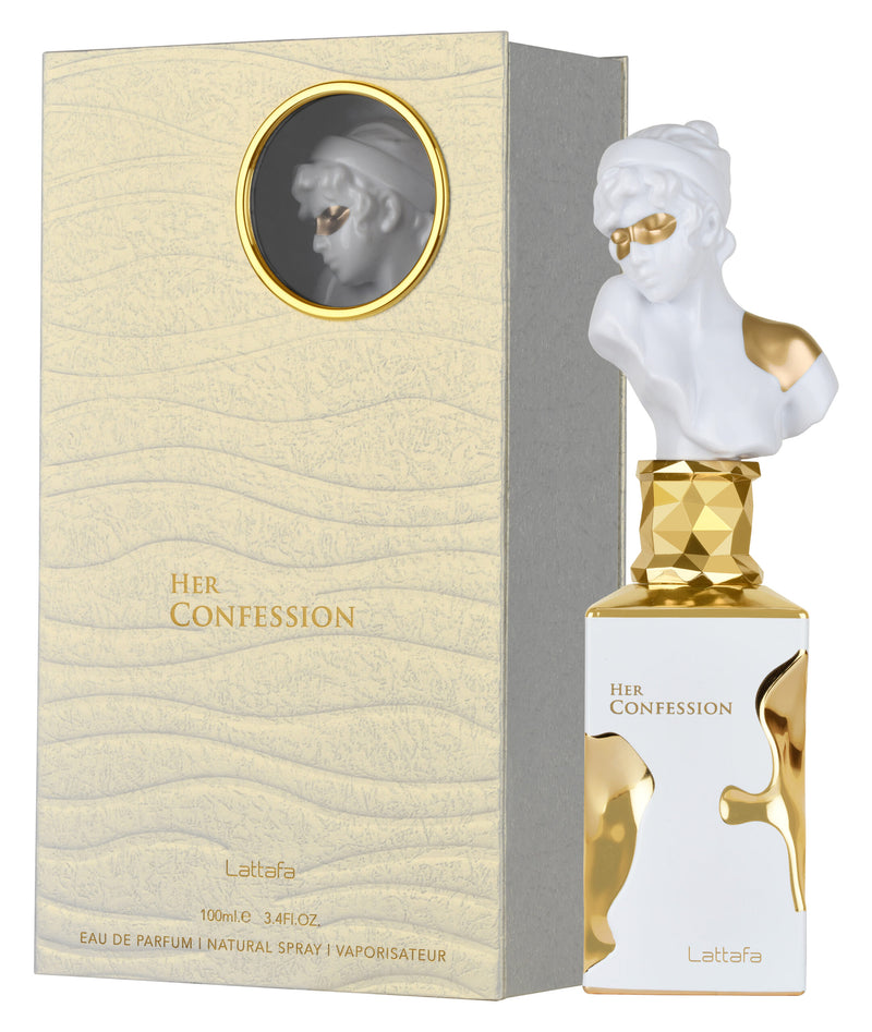 Lattafa Her Confession Eau De Parfum 3.4 oz perfume bottle by Pertinacia Perfume, elegant bottle with floral and woody accents.