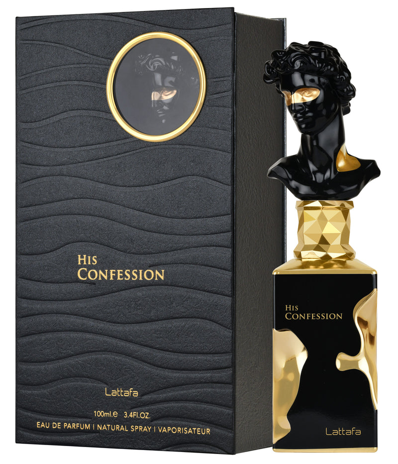 Lattafa His Confession Eau De Parfum 3.4 oz bottle, elegant fragrance by Lattafa with sleek design and sophisticated look.