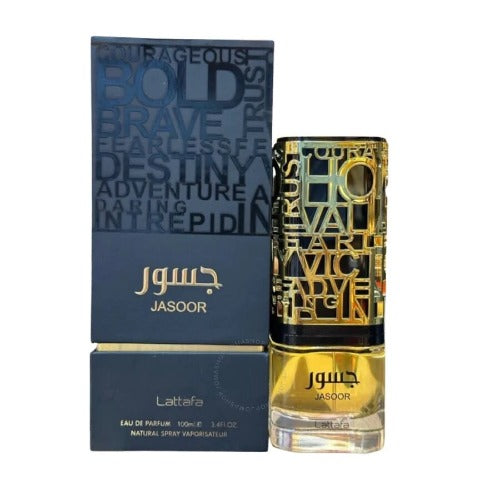 Decant sample of Lattafa Jasoor Eau de Parfum by Pertinacia LLC, featuring a 3.4 oz bottle with elegant perfume packaging.