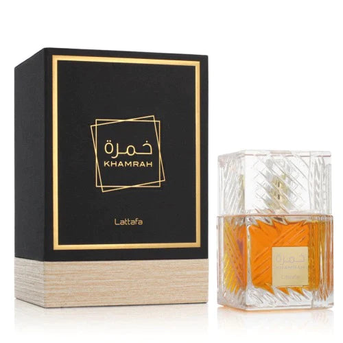 Lattafa Khamrah Eau De Parfum for Men, 3.4oz bottle, presented by Pertinacia Perfume, with sleek packaging and elegant design.