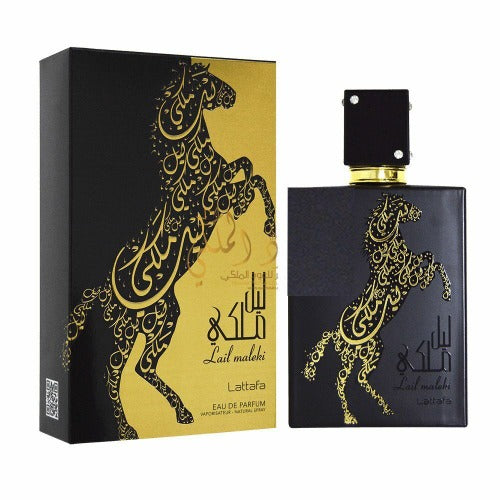 Lattafa Lail Maleki Eau De Parfum for Men, 3.4oz bottle with elegant packaging, by Pertinacia LLC.