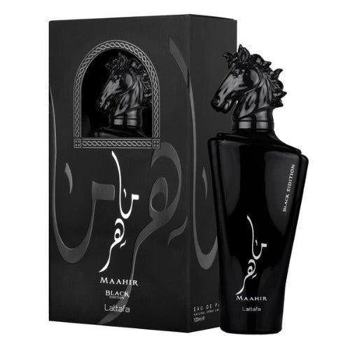 Lattafa Maahir Black Edition Eau De Parfum 3.4 oz bottle, elegant black packaging, premium fragrance by Lattafa.