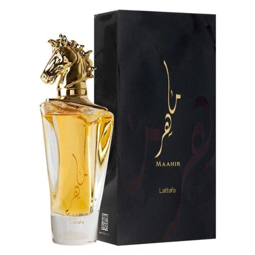Lattafa Maahir Eau De Parfum for Men in 3.4oz bottle, featuring a sleek design and masculine fragrance profile.
