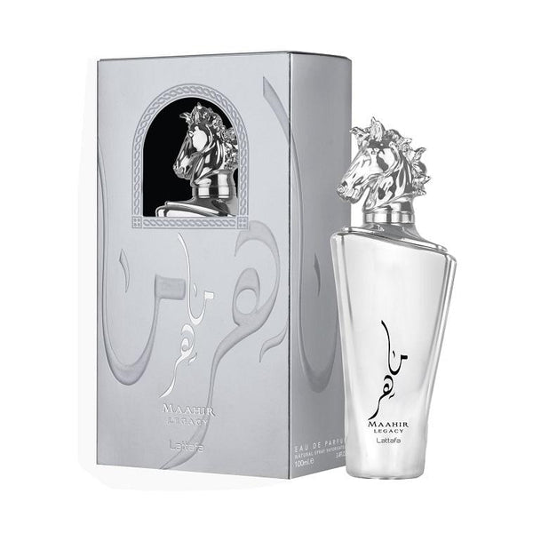 Lattafa Maahir Legacy Eau De Parfum 3.4 oz bottle, featuring elegant packaging and classic fragrance design.