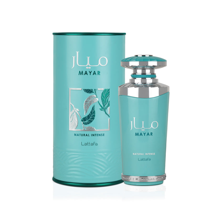 Lattafa Mayar Natural Intense Eau De Parfum for women, 3.4 oz bottle, featuring elegant perfume design and branding.