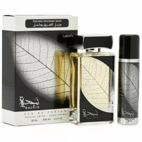 Lattafa Najdia Eau de Parfum 3.4 oz and 1.7 oz deodorant spray gift set, unisex fragrance, elegant packaging, natural scents