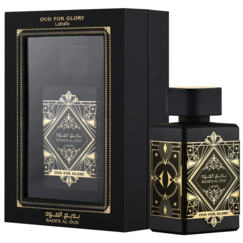 Lattafa Oud For Glory Badee Al Oud Eau de Parfum 3.4 oz bottle with elegant design and clear label, showcasing luxurious fragrance.
