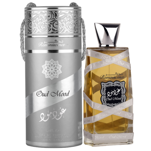 Lattafa Oud Mood Reminiscence Eau De Parfum 3.4 oz bottle with elegant design, showcasing the luxurious fragrance container.