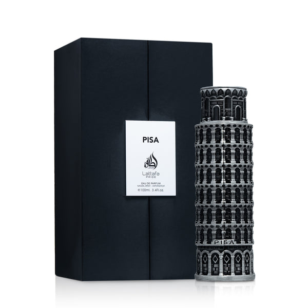 Lattafa Pisa unisex 3.4oz EDP perfume bottle by Pertinacia Perfume, featuring elegant glass design and silver accents.