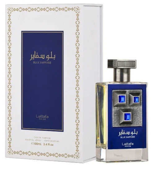 Lattafa Pride Blue Sapphire Eau de Parfum 3.4oz unisex bottle with a sleek blue design, featuring elegant packaging and branding.