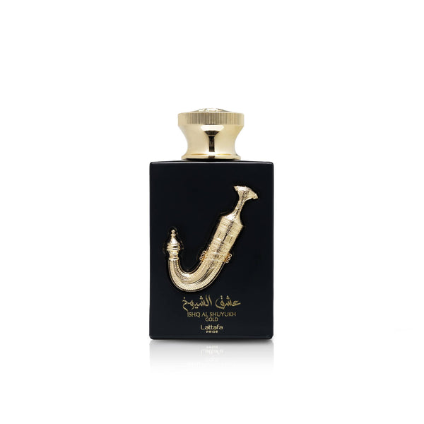 Lattafa Pride Ishq Al Shuyukh Gold Eau De Parfum bottle with gold accents, 3.4 oz, from Pertinacia Perfume.