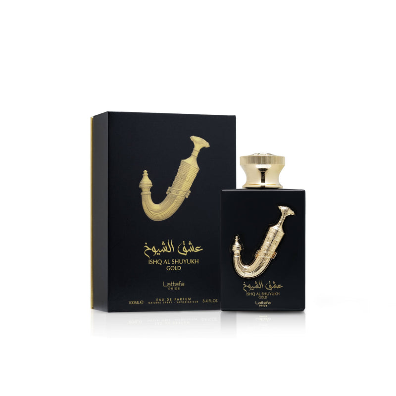 Lattafa Pride Ishq Al Shuyukh Gold Eau De Parfum bottle with gold accents, 3.4 oz, displayed against a neutral background.