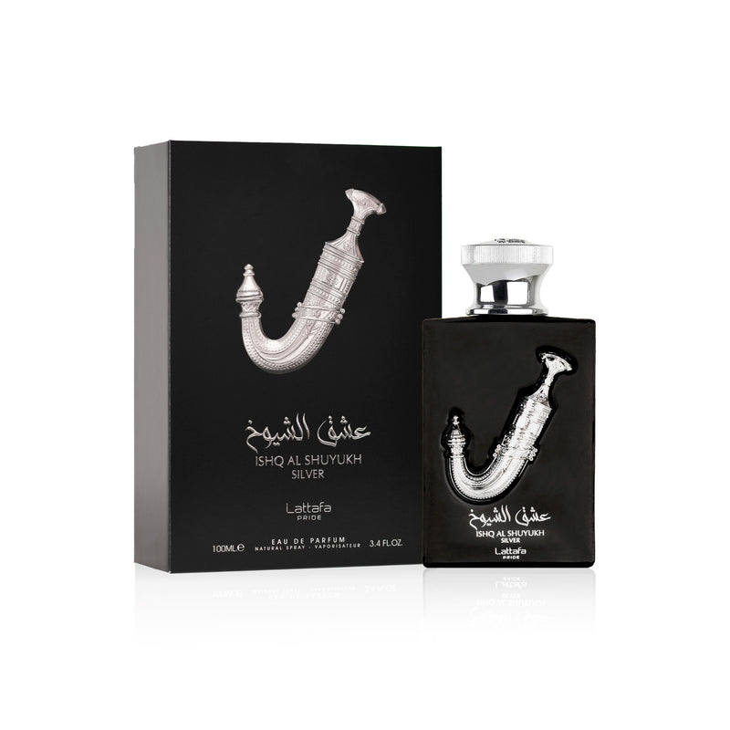 Lattafa Pride Ishq Al Shuyukh Silver Eau De Parfum 3.4 oz bottle with silver label and elegant design, showcasing the Persain fragrance.