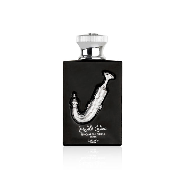 Lattafa Pride Ishq Al Shuyukh Silver Eau De Parfum bottle, 3.4 oz, sleek silver design by Pertinacia Perfume.