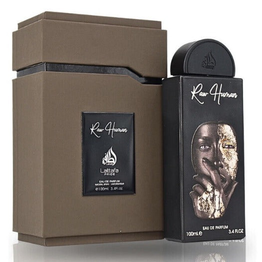 Lattafa Pride Raw Human Eau De Parfum bottle with sleek design and clear label, perfume for men and women.
