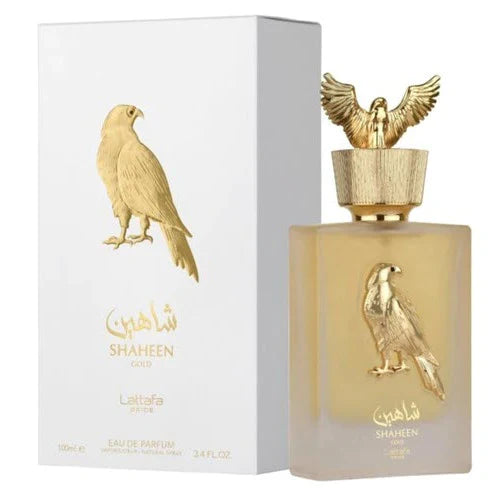 Lattafa Pride Shaheen Gold Eau de Parfum 3.4 oz bottle with gold accents, elegant design, and cap.
