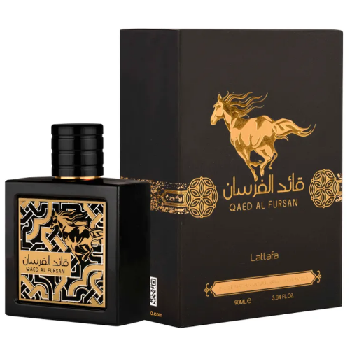 Lattafa Qaed Al Fursan Eau De Parfum 3.04 oz bottle, elegant fragrance with a sleek design, by Pertinacia LLC