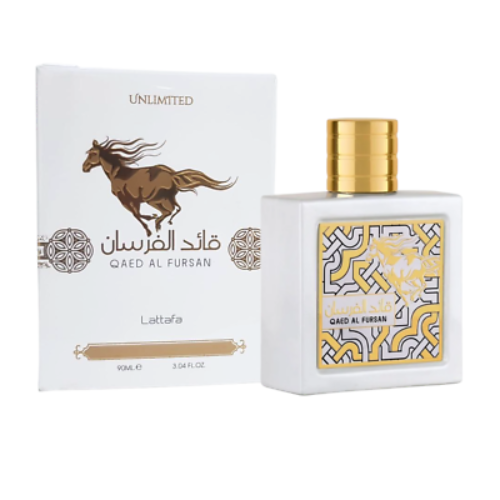 Lattafa Qaed Al Fursan Unlimited Eau De Parfum 3.04 oz bottle with elegant packaging in the image.