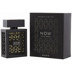 Lattafa Rave Now Eau De Parfum 3.4oz bottle with sleek design, displayed on a plain background.