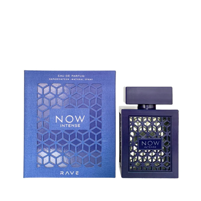 Lattafa Rave Now Intense Eau De Parfum bottle by Pertinacia Perfume, 3.4oz, with sleek design and elegant fragrance cap.