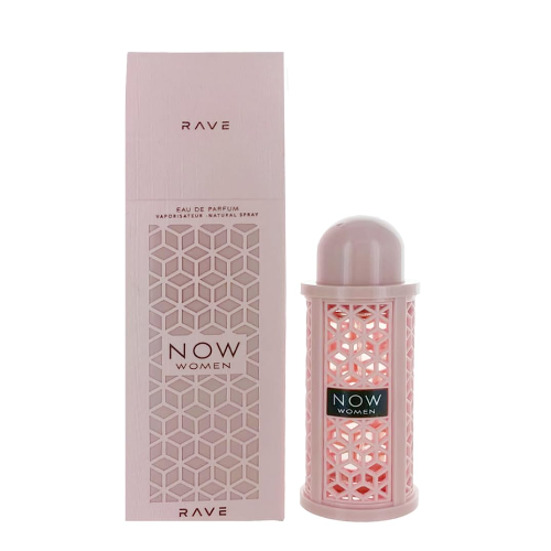 Lattafa Rave Now Pink Eau De Parfum 3.4oz bottle, pink-themed perfume by Lattafa with floral and fruity notes.