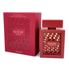 Lattafa Rave Now Rouge Eau De Parfum 3.4oz bottle, elegant fragrance with vibrant red accents, designed by Pertinacia LLC.