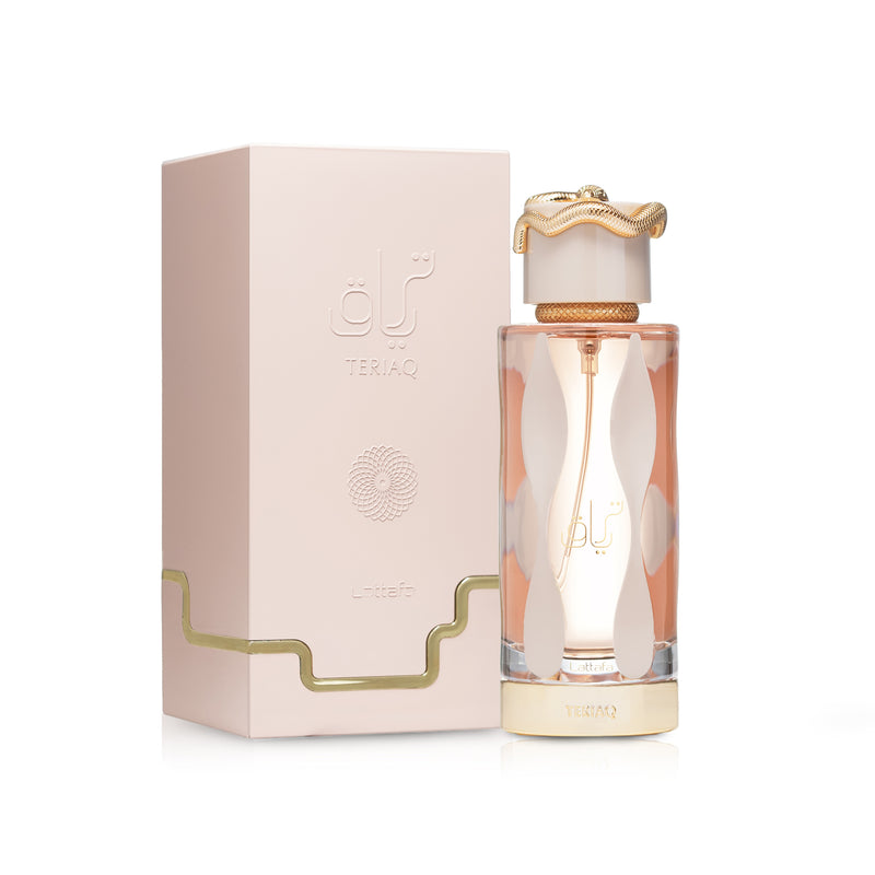 Lattafa Teriaq women’s 3.4oz EDP perfume by Pertinacia Perfume, elegant bottle with floral and woody notes visible.