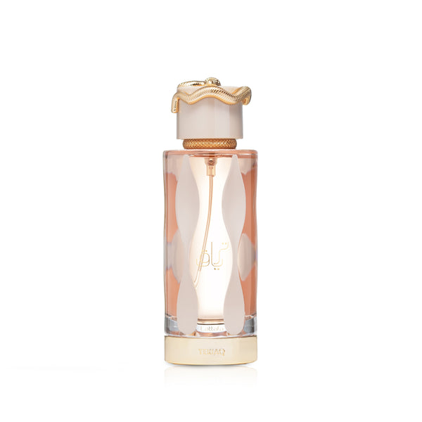 Lattafa Teriaq women’s 3.4oz EDP perfume bottle by Pertinacia Perfume, elegant glass container with gold accents.
