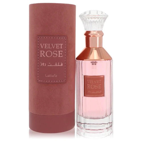 Lattafa Velvet Rose Eau De Parfum 3.4oz bottle for women, featuring elegant rose scent in a stylish perfume bottle.