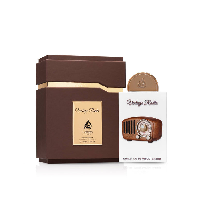 Lattafa Vintage Radio 3.4oz unisex EDP perfume by Pertinacia Perfume, featuring a sleek vintage-inspired bottle design.