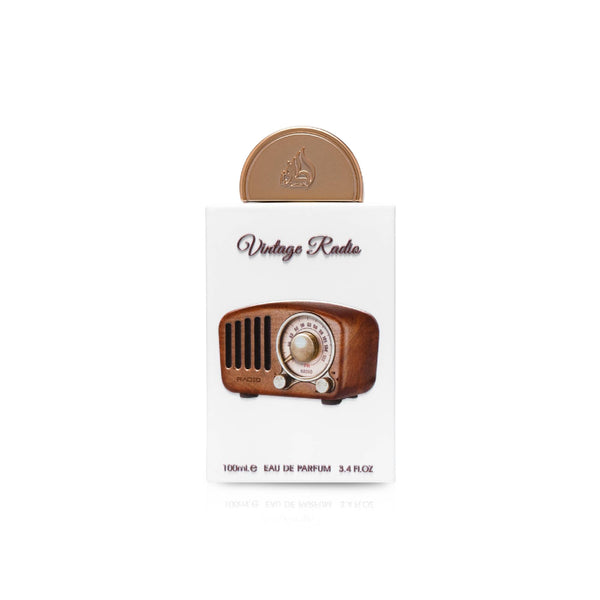 Lattafa Vintage Radio unisex 3.4oz EDP perfume bottle with vintage radio design, by Pertinacia Perfume.